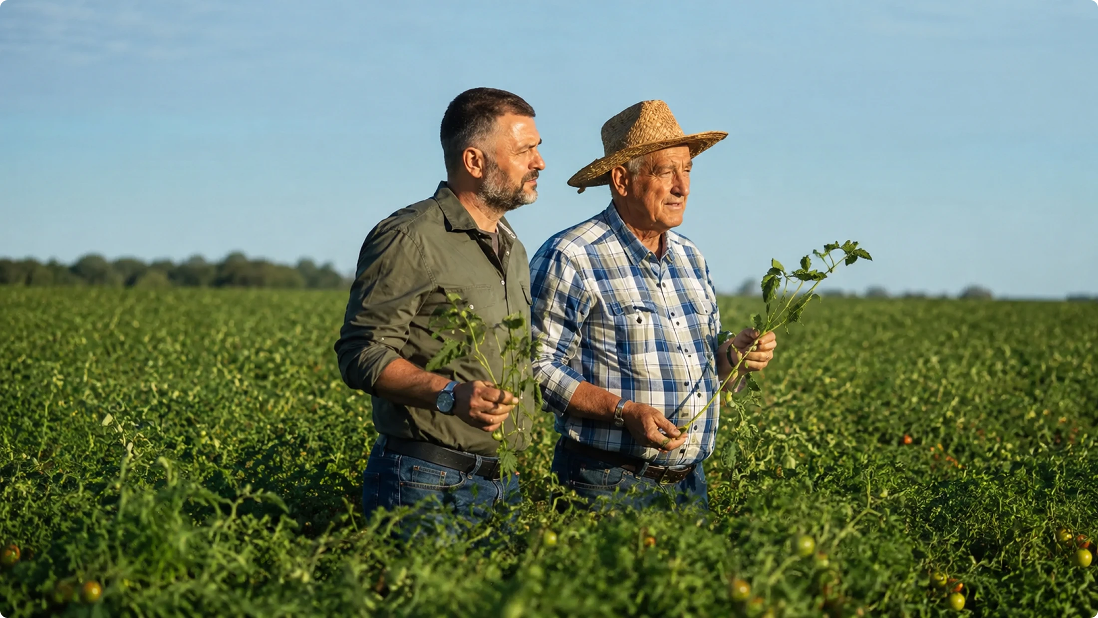 Deux agriculteurs marchant dans une culture en rangs